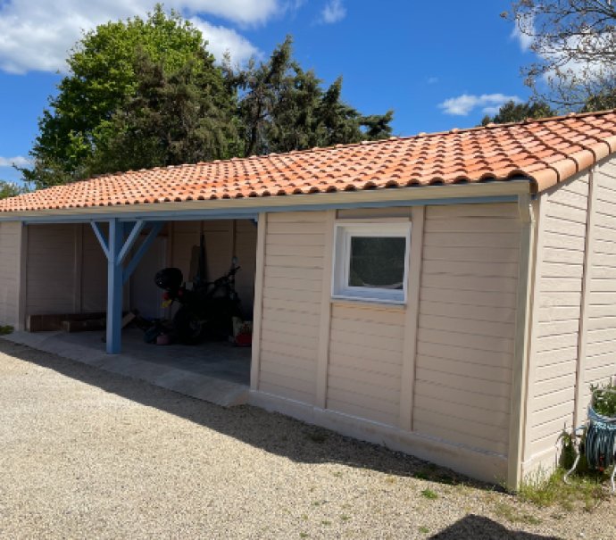 Abri de jardin en béton aspect bois 1 pente avec auvent